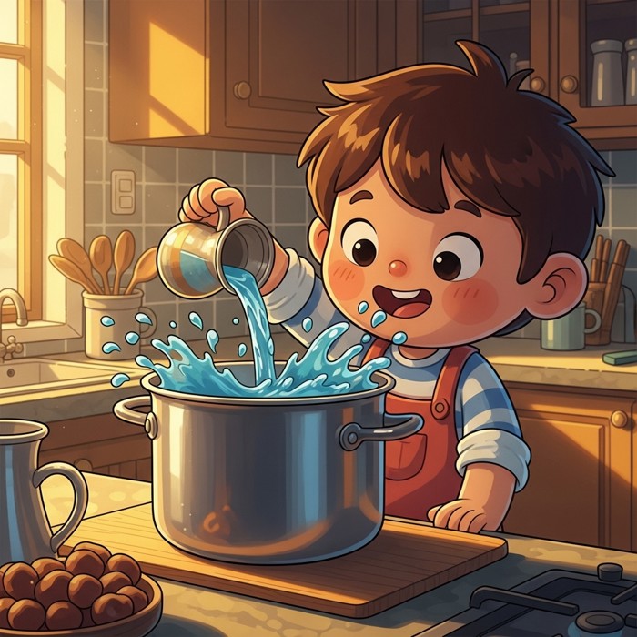 A cartoon child pouring water from a jug into a large silver pot on a kitchen counter, water splashing happily.