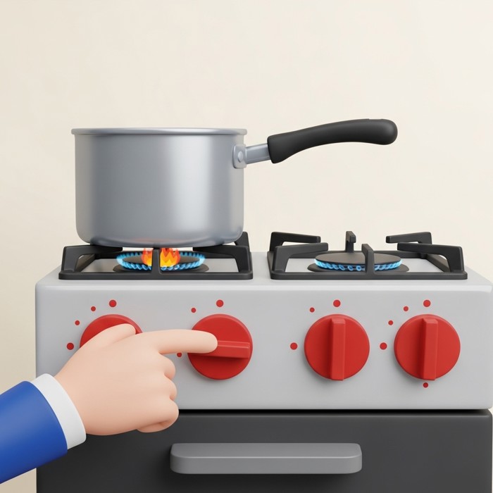 A cartoon hand turning a red stove knob, with a small flame appearing under a silver pot on the burner.