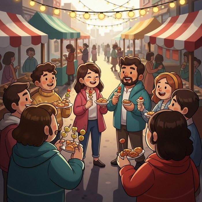 A warm cartoon scene of a diverse group of people standing in a circle at a street market, all holding food, laughing and chatting, with festive lights strung above them.