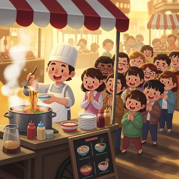 A cheerful cartoon vendor in a white apron ladling steaming noodles into a bowl at a busy outdoor noodle cart, with a long line of hungry customers smiling behind them.