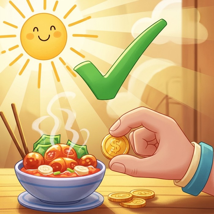 A cartoon hand holding a few coins next to a bowl of tasty street food, with a big green checkmark and a happy sun in the background, showing great value.