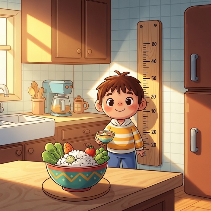 A cartoon child standing next to a height chart on a wall, growing taller with a bowl of rice and vegetables beside them, in a cheerful kitchen.