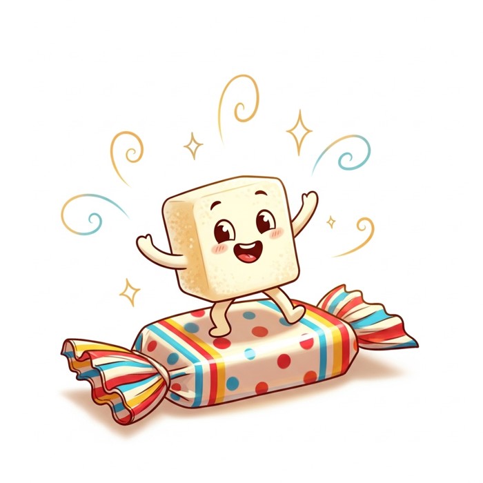 A cartoon sugar cube smiling and dancing on a colorful sweet wrapper, surrounded by sparkles and swirls on a white background.
