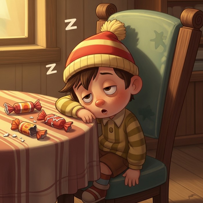 A cartoon child slumped sleepily in a chair next to empty candy wrappers on a table, looking tired and droopy-eyed.