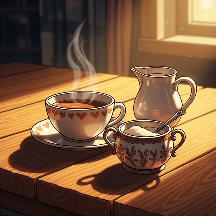 A cartoon cup of tea next to a small sugar bowl and milk jug on a wooden table, with warm cozy colors.