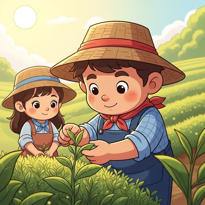 A cartoon small tea plant growing in a sunny field with small green leaves, and a friendly farmer picking leaves into a basket.