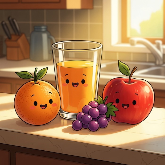 A cartoon glass of orange juice next to a smiling orange, apple, and bunch of grapes on a bright kitchen counter.