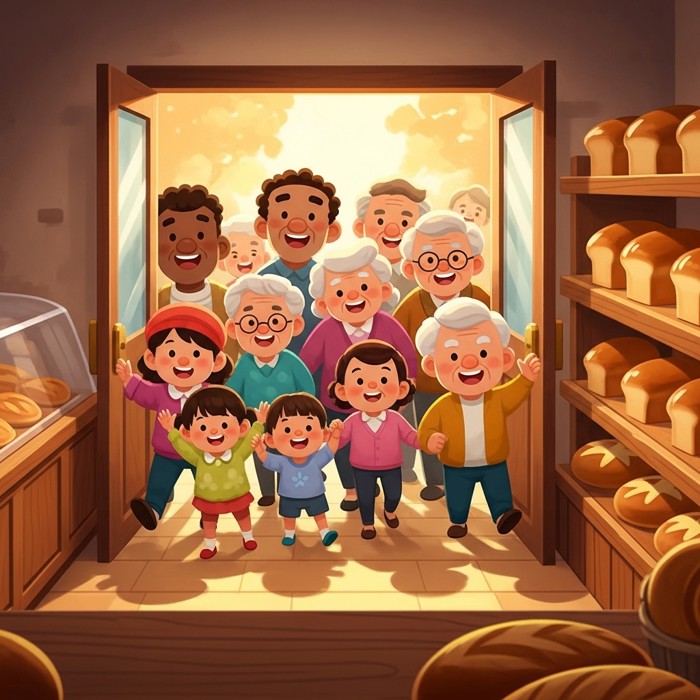 A group of cartoon people of different ages walking through a bakery door, all smiling and looking excited, with golden bread on shelves behind the counter.