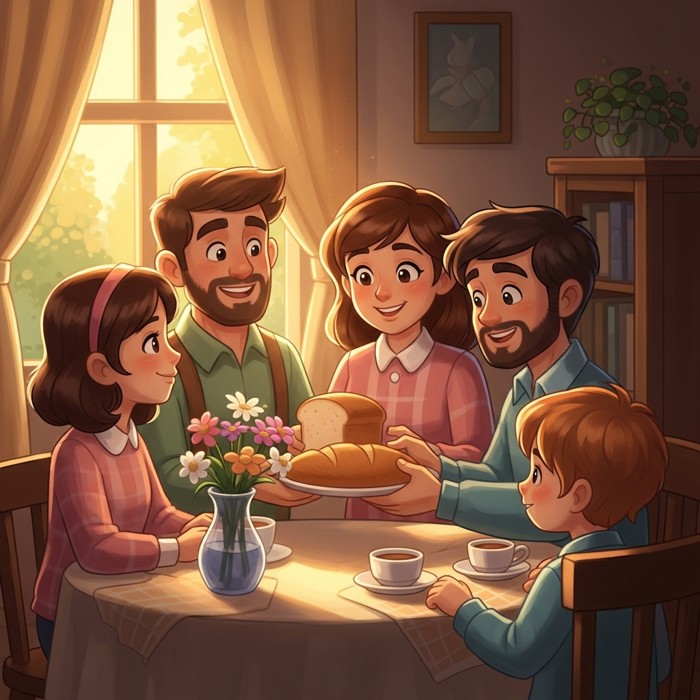 A cartoon family sitting around a breakfast table, sharing a loaf of fresh bread, all smiling warmly, soft morning light through a window, flowers on the table.
