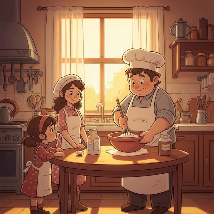 A cartoon baker at a wooden table mixing flour, water, and yeast in a big bowl, wearing a white apron, with morning sunlight coming through the kitchen window.