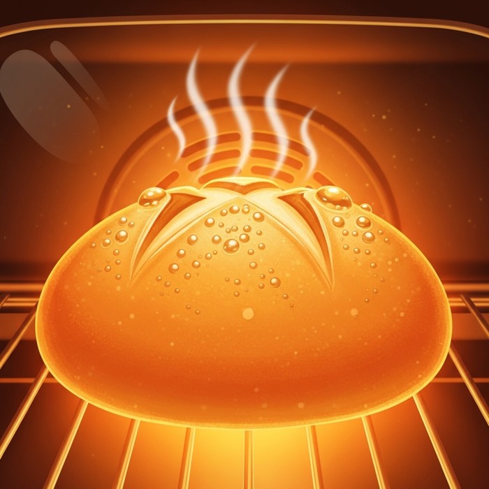 A close-up cartoon image of golden bread baking inside a glowing oven, bubbles forming on the crust, heat waves rising, warm amber light all around.
