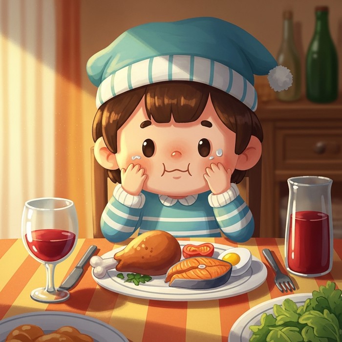 A cheerful cartoon child at a dinner table with a plate showing a chicken drumstick, a piece of fish, and a boiled egg, looking happy and hungry.