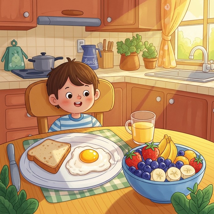A cartoon breakfast table with a plate of toast, a fried egg, and a bowl of colorful fruit, set in a warm sunny kitchen with a smiling child.