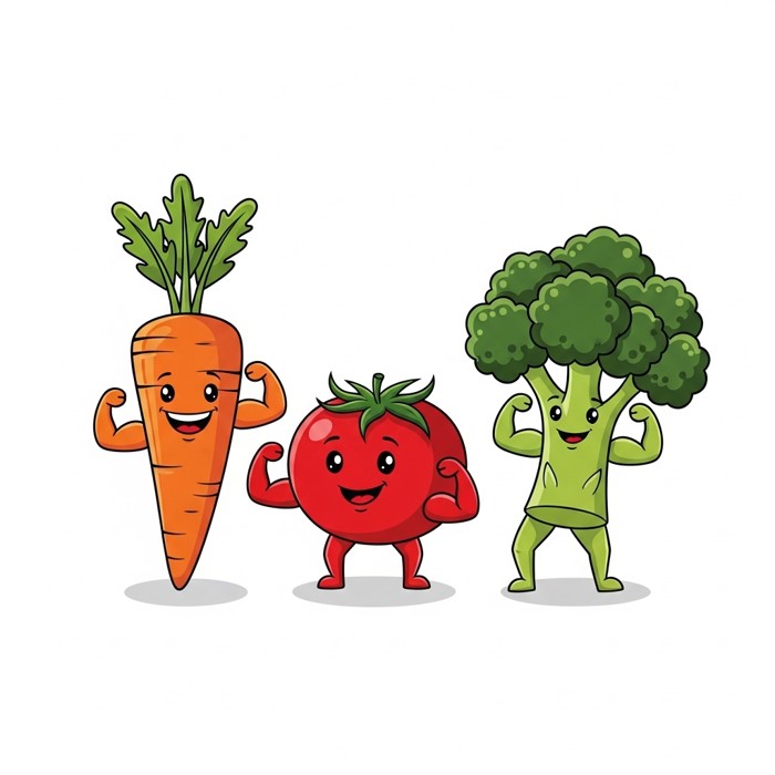 Three cartoon vegetables — a smiling orange carrot, a red tomato, and a green broccoli — flexing their arms cheerfully on a white background.