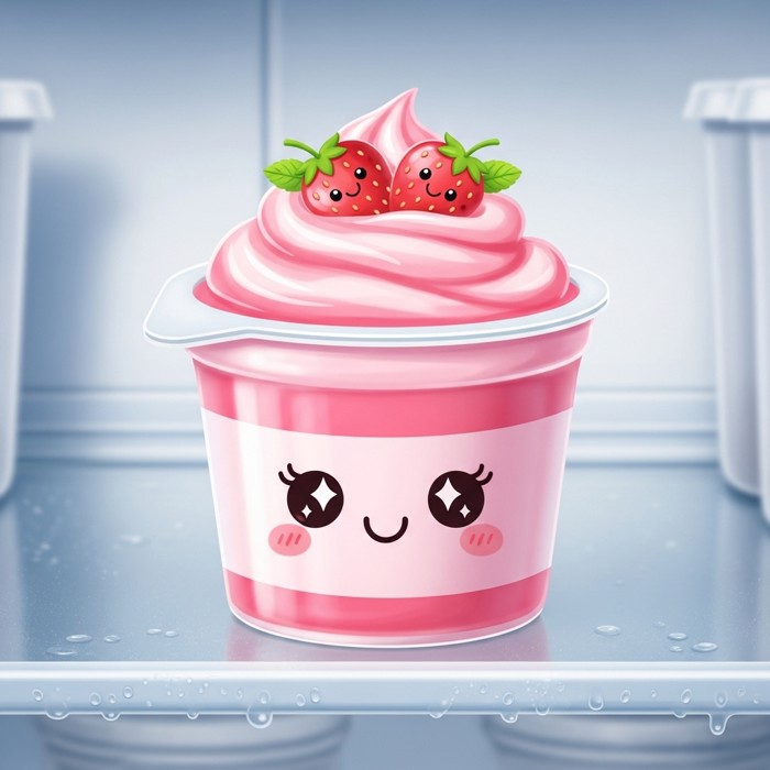A cartoon cup of strawberry yogurt sitting on a cold fridge shelf, smiling and looking delicious.