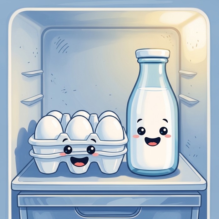 A cartoon fridge shelf with a carton of white eggs and a bottle of milk side by side, cheerful and bright.