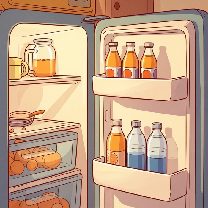 A cartoon fridge door with bottles of orange juice and water lined up neatly in the door shelf, bright and colorful.