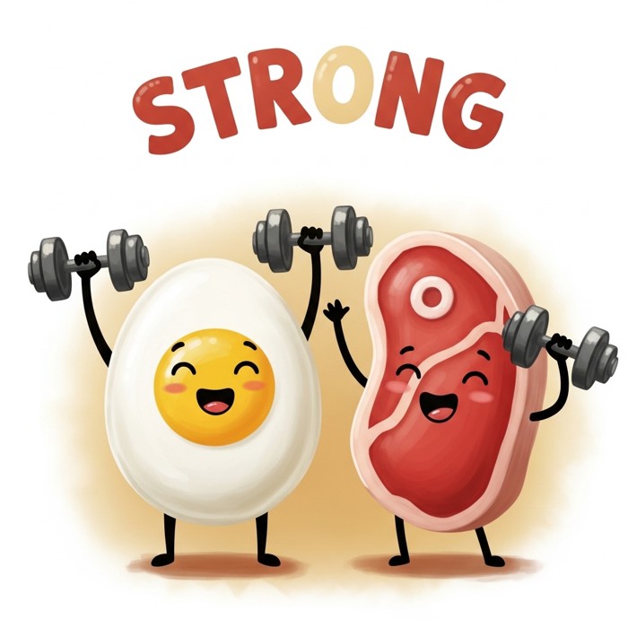 A cartoon egg and a piece of meat lifting tiny dumbbells and smiling, with the word 'STRONG' in bold letters above them.