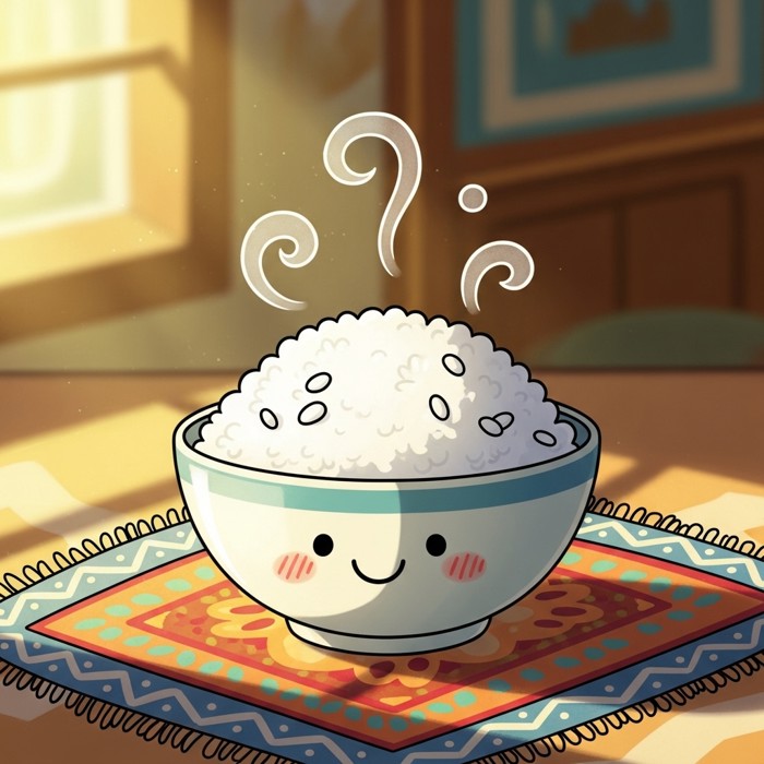A cartoon bowl of steaming white rice with a happy face on it, sitting on a colorful placemat.