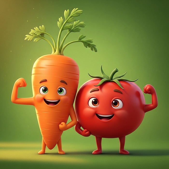 A cheerful cartoon carrot and tomato standing side by side, flexing their arms, on a green background.