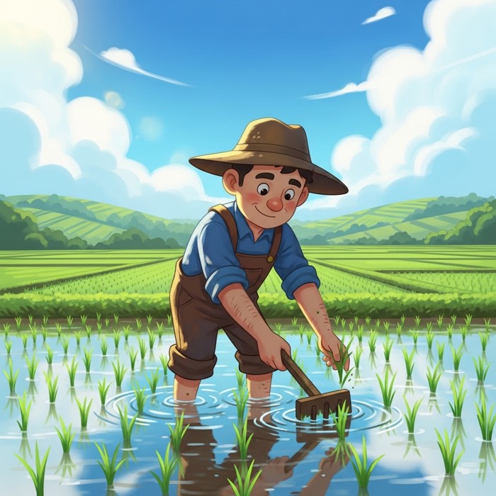 A cartoon farmer in a wide-brimmed hat tending to a flooded green rice paddy field under a bright blue sky.