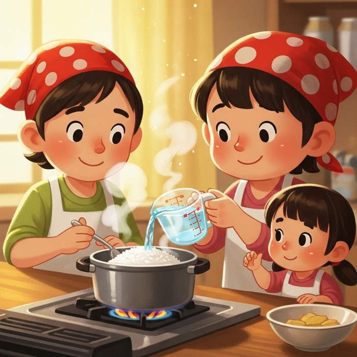 A cartoon person pouring water into a pot of rice on a stove, a cheerful expression on their face, steam rising gently.
