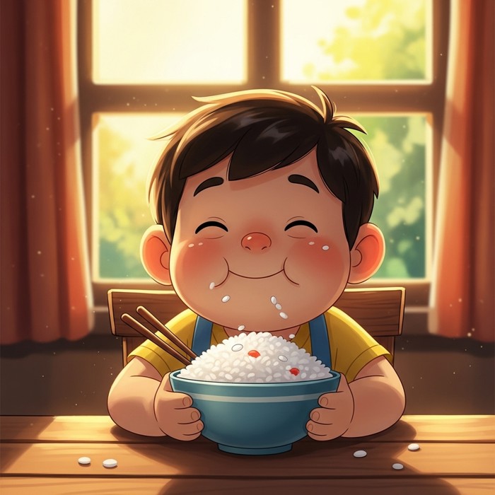 A smiling cartoon child with a happy full belly, sitting at a table after eating a big bowl of rice, sunlight through the window.