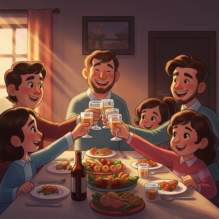 A joyful cartoon family clinking glasses and laughing around a dinner table full of food, warm evening light, everyone smiling.