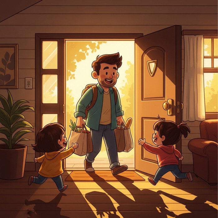 A cartoon father walking through the front door with grocery bags, two happy children running to greet him, bright home setting.