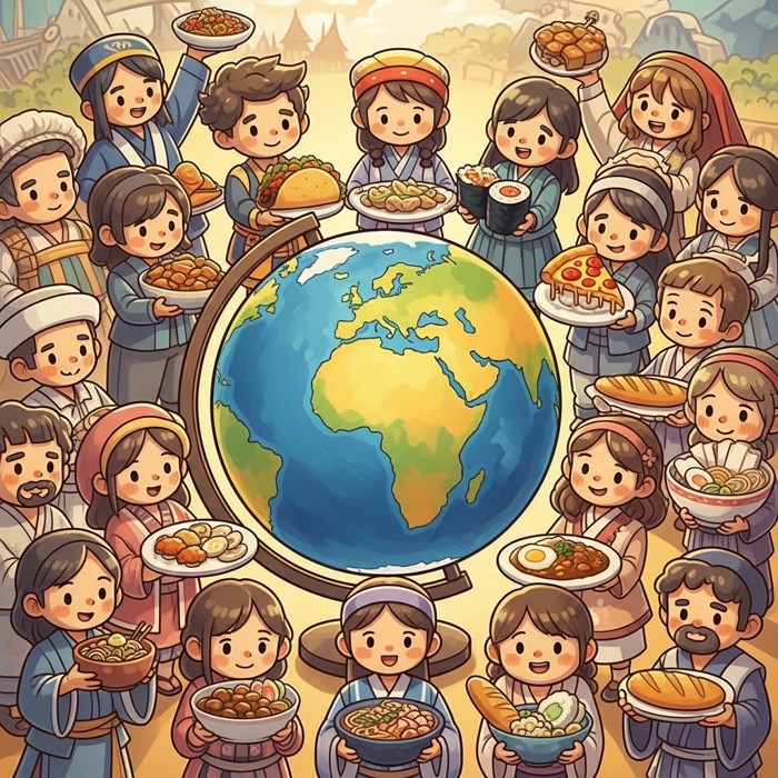 A colorful cartoon globe surrounded by people from different countries each holding a different food dish, festive and joyful mood.