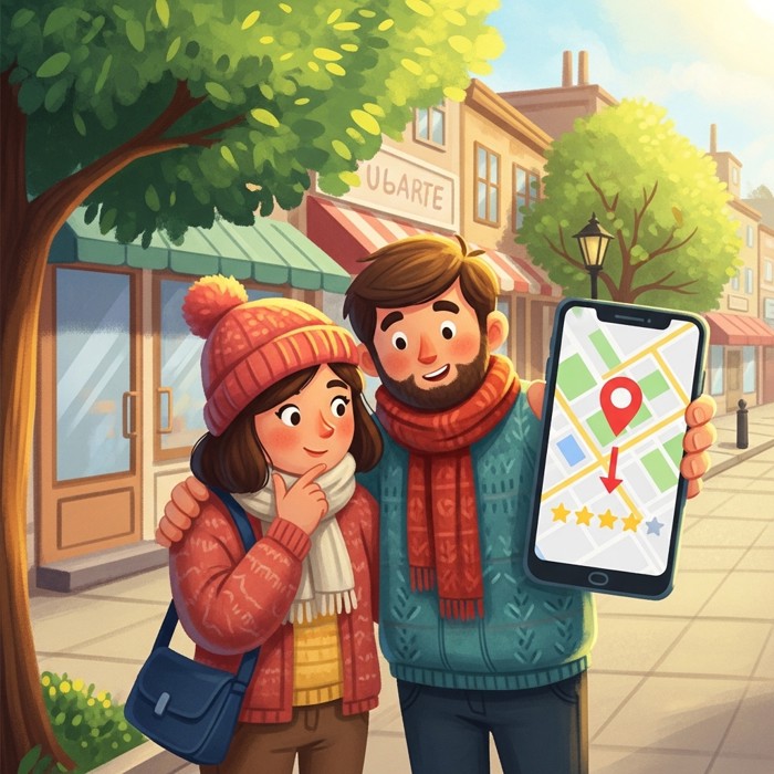 A couple standing on a sidewalk looking at a phone screen showing restaurant star ratings and a map pin pointing down the street