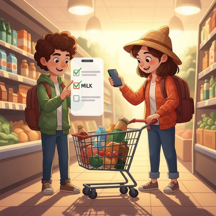 A shopper in a grocery aisle checking a phone screen showing a checklist with milk highlighted, a cart partly filled with items beside them
