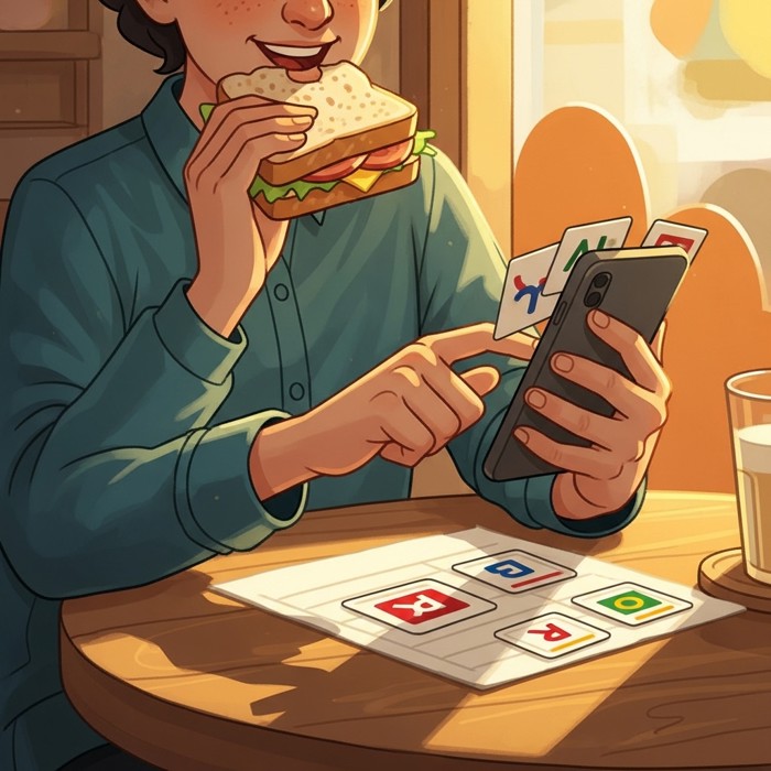 A person at a cafe table eating a sandwich with one hand while tapping through language flashcards on a phone with the other