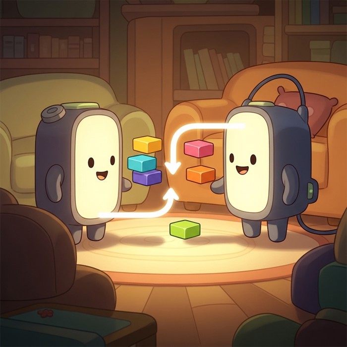 A clean technical diagram showing two glowing devices exchanging perfectly formatted data blocks following a standardized communication protocol