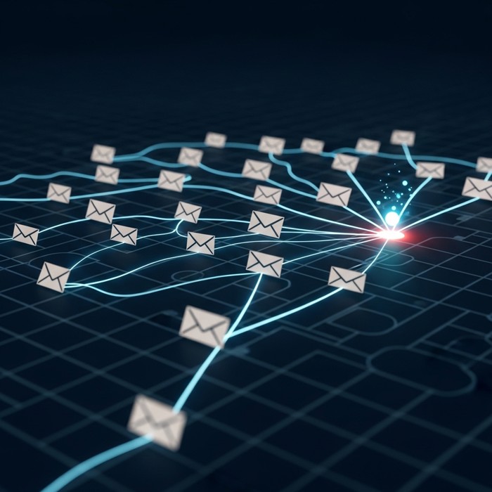 Dozens of tiny glowing envelopes flying along separate glowing pathways across a digital network map toward a single blinking destination point