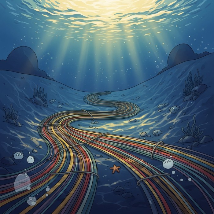 A dramatic undersea view of thick bundled fiber optic cables snaking along the ocean floor between distant continents bathed in deep blue light