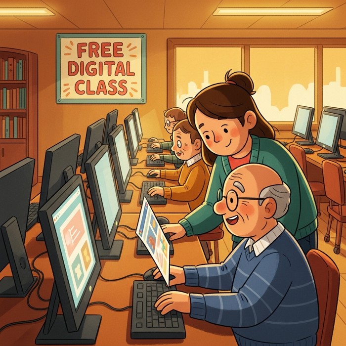 A welcoming public library computer lab with rows of desktop computers, a volunteer instructor helping an elderly man navigate a website, with a 'Free Digital Class' sign on the wall