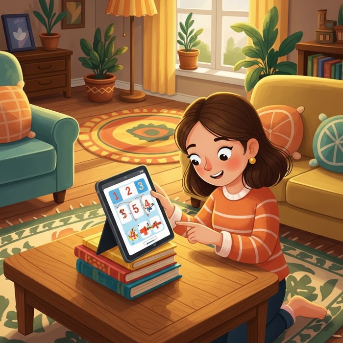 A cozy home living room where a woman follows a numbered step-by-step tutorial displayed on a tablet propped against a stack of books on the coffee table