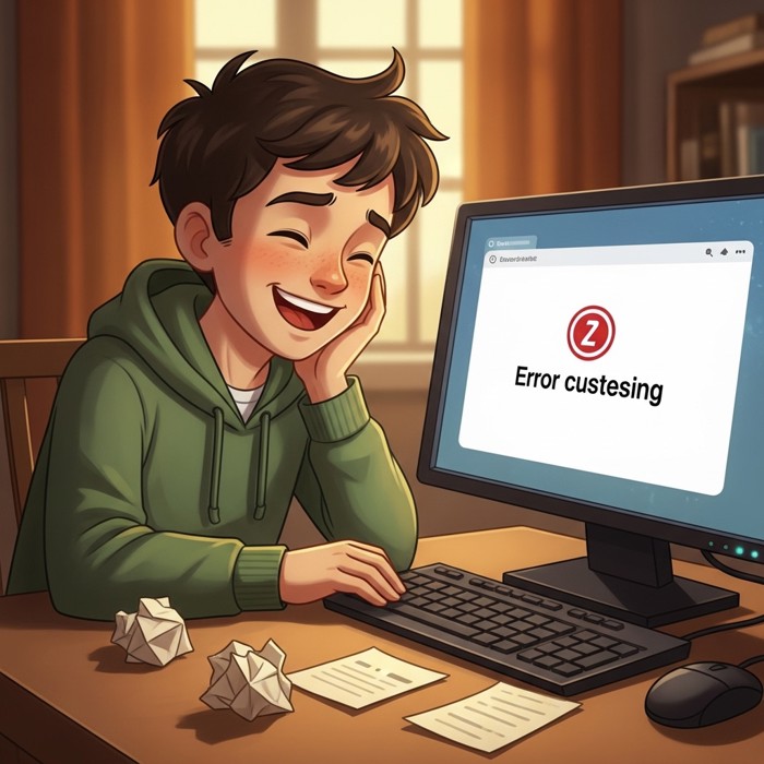 A patient young man laughing gently at an error message on his computer screen, crumpled notes beside him, showing calm acceptance rather than frustration