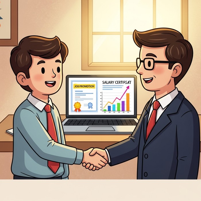 A confident employee shaking hands with a manager after a successful presentation, a laptop open behind them showing a job promotion certificate and a rising salary graph
