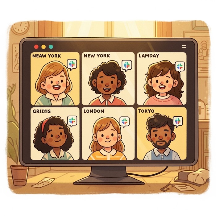 A grid of video call windows on a large screen showing team members from New York, London, and Tokyo chatting cheerfully, with Slack notification icons popping up beside them