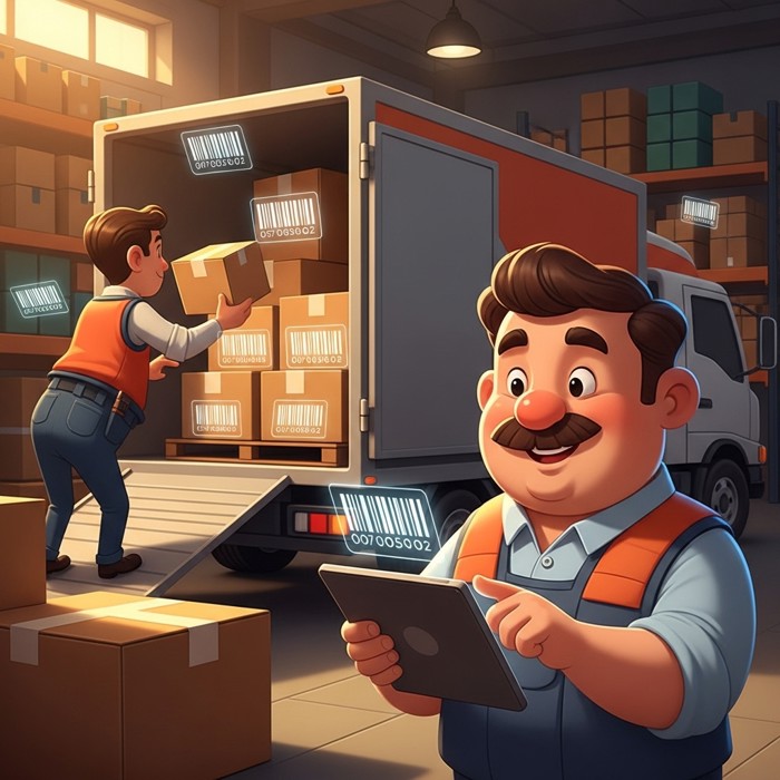 A warehouse manager tapping a tablet screen to place an instant supply order, with a delivery truck already loading boxes labeled with digital tracking codes in the background