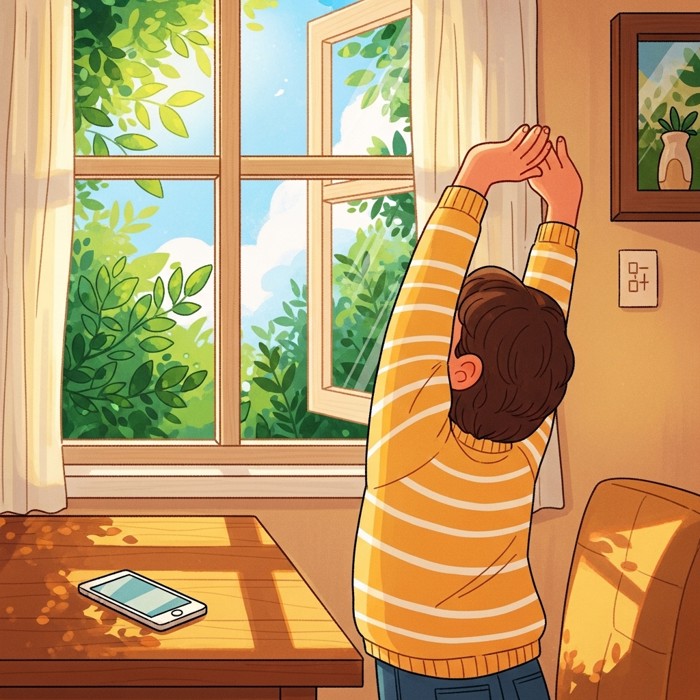 A person stretching their arms and looking out a sunny window away from a phone placed face-down on a wooden table, greenery visible outside
