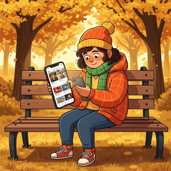 A person sitting on a park bench under golden autumn trees, scrolling through a bright smartphone screen with colorful websites and video thumbnails visible