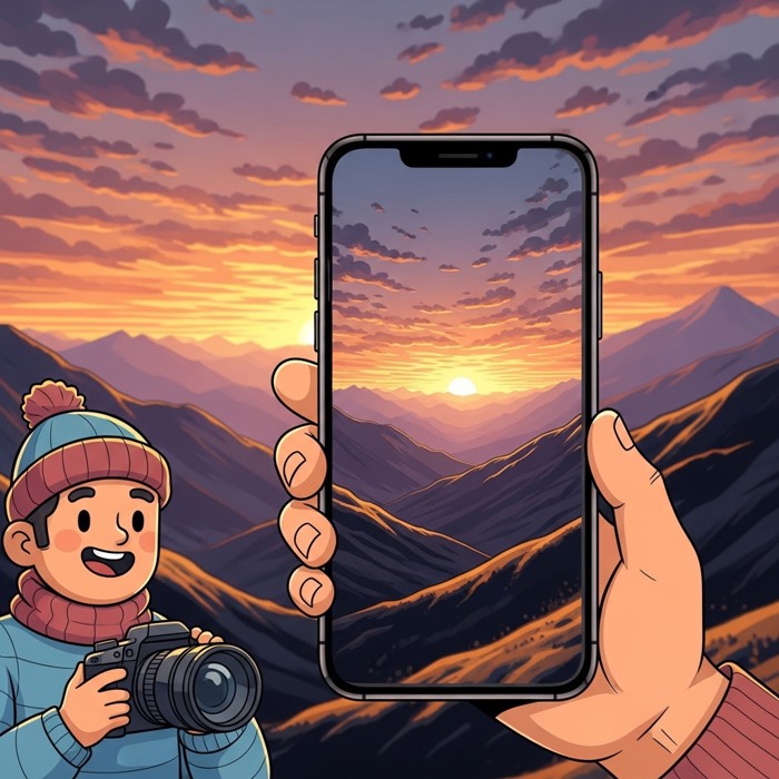 A photographer holding a sleek modern smartphone toward a stunning mountain sunset, the phone screen mirroring the vivid orange and purple sky with razor-sharp detail