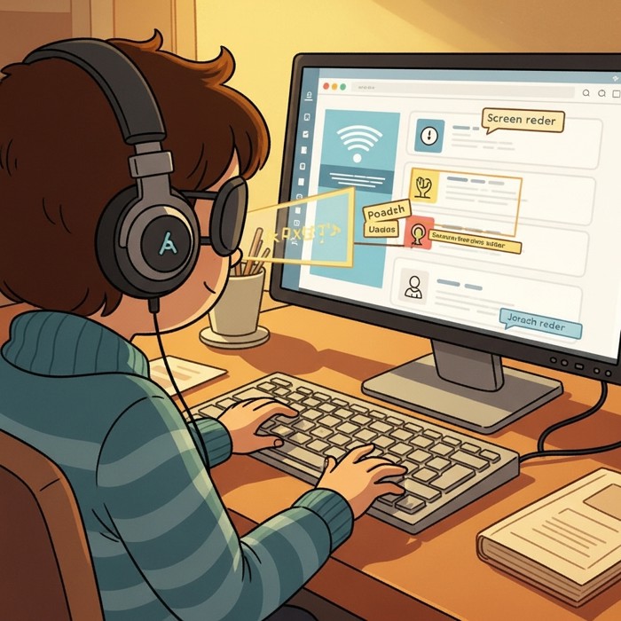 A visually impaired user wearing headphones at a desk, fingers on a keyboard navigating a website while a screen reader interface highlights each element being read aloud.