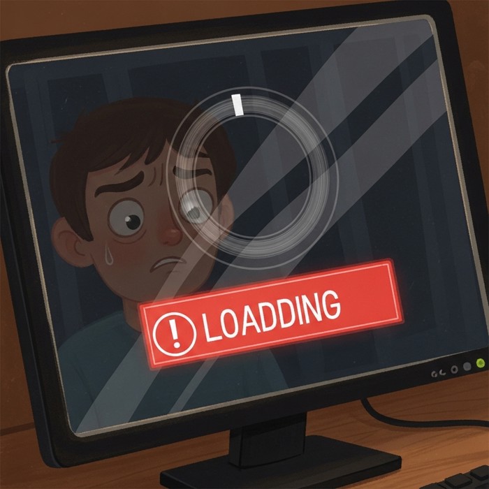 A vivid close-up of a computer screen showing a spinning loading wheel and a bright red error message, with a stressed person's reflection visible in the dark monitor