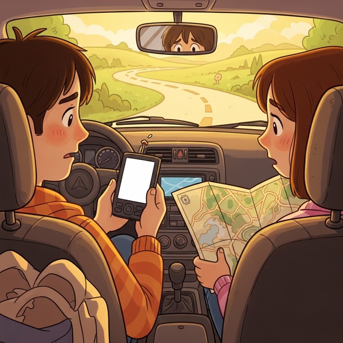 A thought-provoking illustration of a person helplessly staring at a dead GPS device on a road trip, with a paper map folded and unused in the backseat behind them