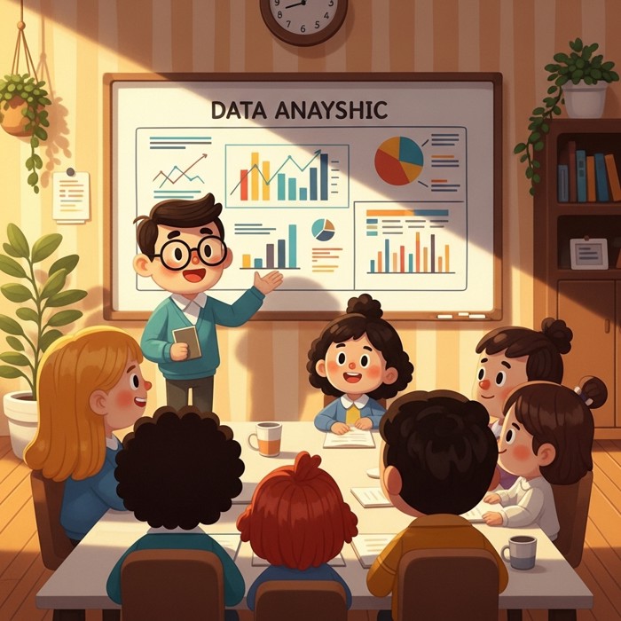 A data analyst presenting a clear infographic on a large whiteboard to an attentive team in a conference room