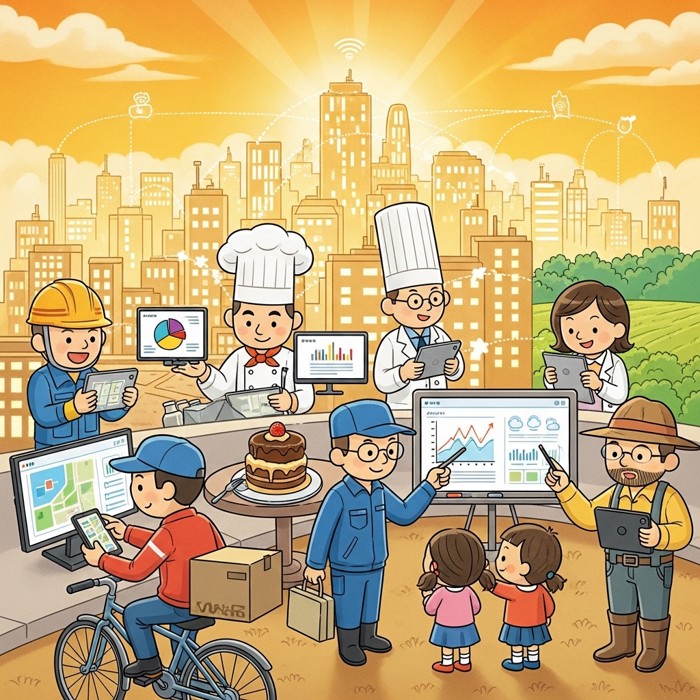 A diverse group of professionals in different industries all looking at data on their devices in a connected cityscape